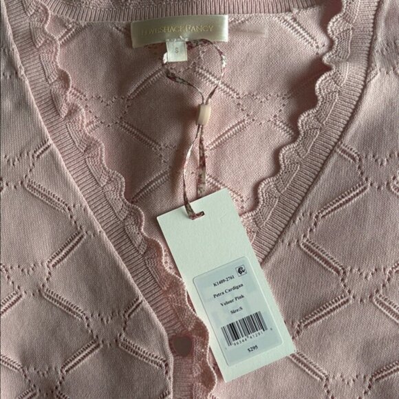 NWT LoveShackFancy Petra Knit Pointelle Heart Argyle Cardigan Velour Pink | S - Picture 8 of 11
